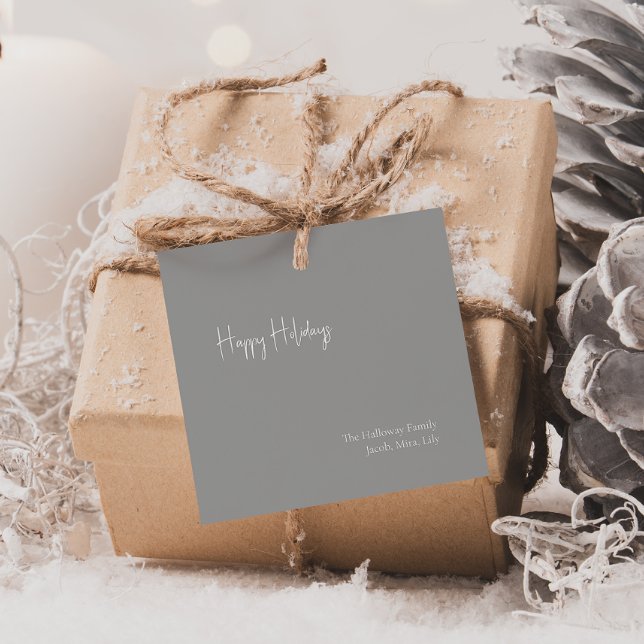 Modern Happy Holiday Silver Square Family Gift Tag (Creator Uploaded)