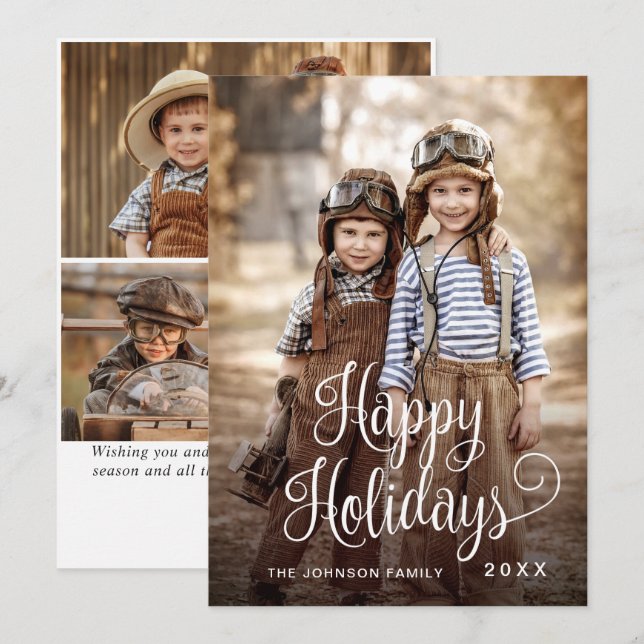 Modern Happy Holidays 4 PHOTO Christmas Greeting Holiday Card (Front/Back)