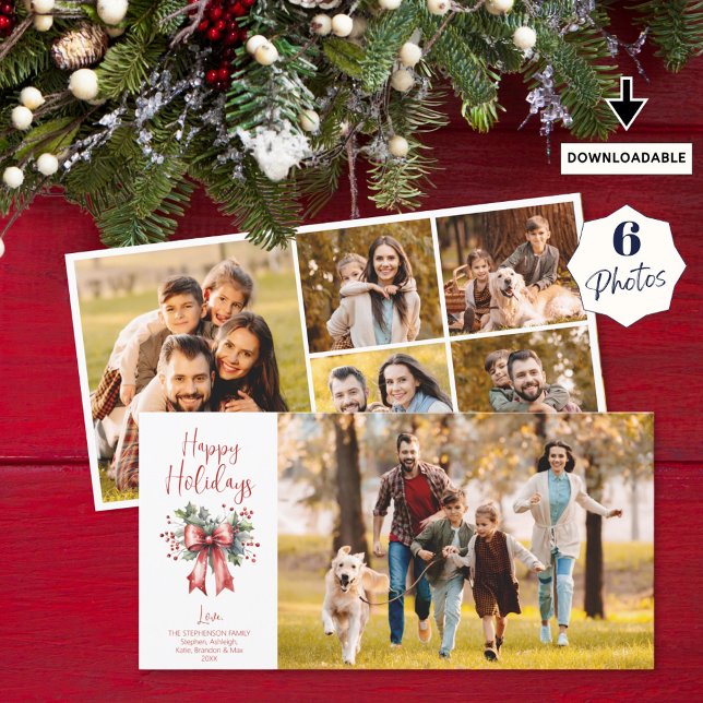 Modern Happy Holidays 6 Photos Red Bow Script Holiday Card (Creator Uploaded)