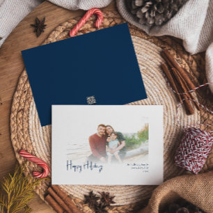 Modern Happy Holidays Blue Faded Photo Holiday Card