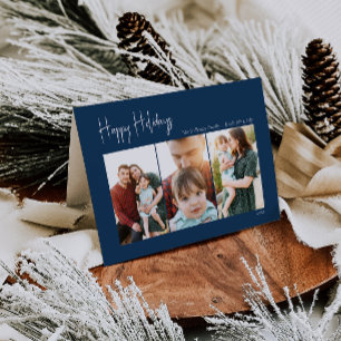 Modern Happy Holidays Blue Folded Three-Photo Holiday Card