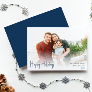 Modern Happy Holidays   Blue Full Photo Holiday Card