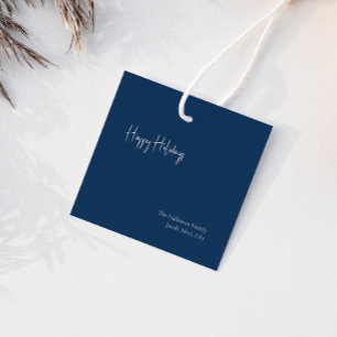 Modern Happy Holidays Blue Square Family Gift Tag