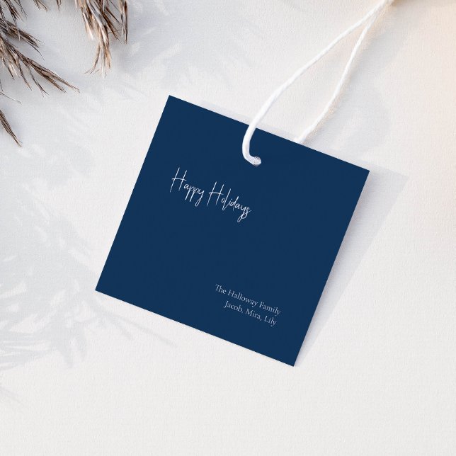Modern Happy Holidays Blue Square Family Gift Tag (Creator Uploaded)