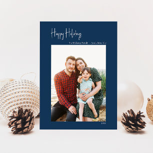 Modern Happy Holidays Blue Vertical Single Photo Holiday Card