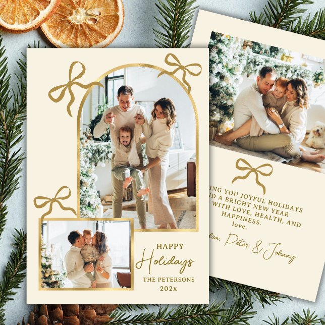Modern Happy Holidays Bows Gold Arch 3 Photo  Holiday Card (Creator Uploaded)
