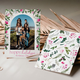 Modern Happy Holidays Bright Pink & Greenery Arch Holiday Card