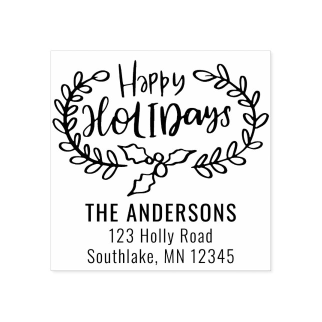 Modern Happy Holidays Brush Script Return Address Rubber Stamp (Imprint)