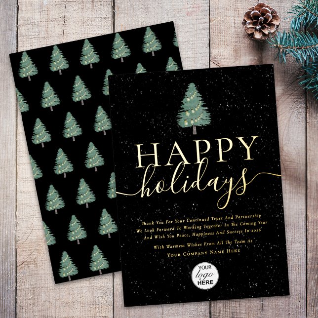 Modern Happy Holidays Business Logo Black & Gold (Modern elegant happy holidays corporate logo black & gold foil business holiday card)