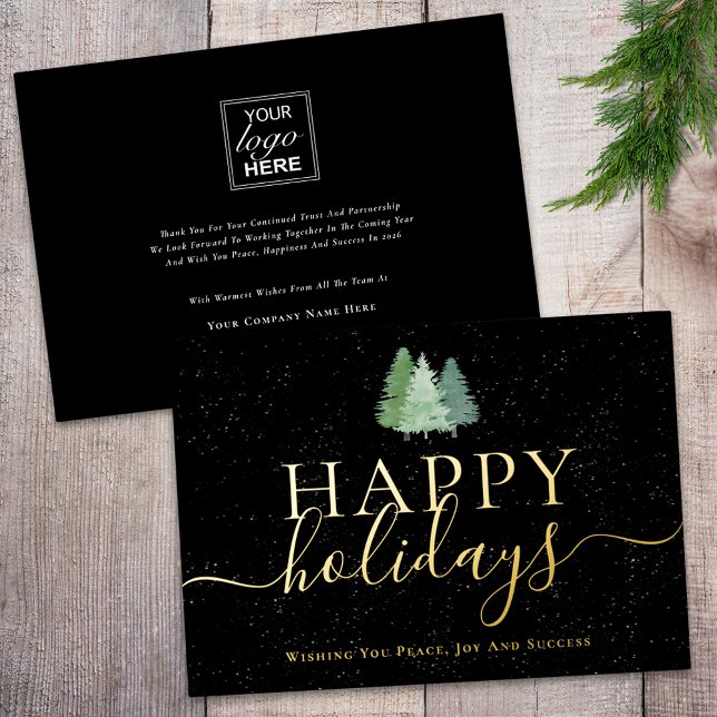 Modern Happy Holidays Business Logo Black & Gold F (Happy holidays business logo woodland snow black and gold foil holiday card)
