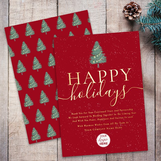Modern Happy Holidays Business Logo Green & Gold (Modern elegant Happy holidays christmas tree & lights corporate logo red & gold foil business card)