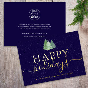 Modern Happy Holidays Company Logo Navy Blue Gold