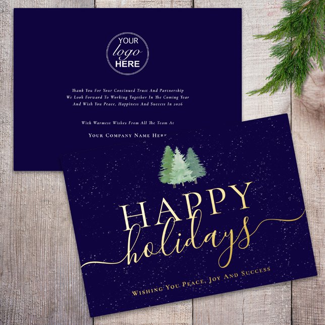 Modern Happy Holidays Company Logo Navy Blue Gold (Modern happy holidays woodland snow company logo navy blue and gold foil business holiday greetings )