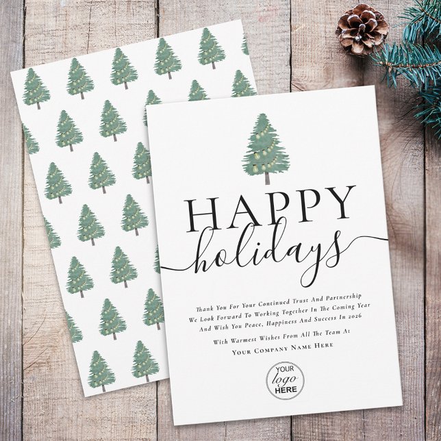 Modern Happy Holidays Corporate Logo Business  Holiday Card (Modern elegant corporate logo happy holidays Tree and Lights business card )
