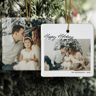 Modern Happy Holidays Custom Message 2-Photo Ceramic Ornament