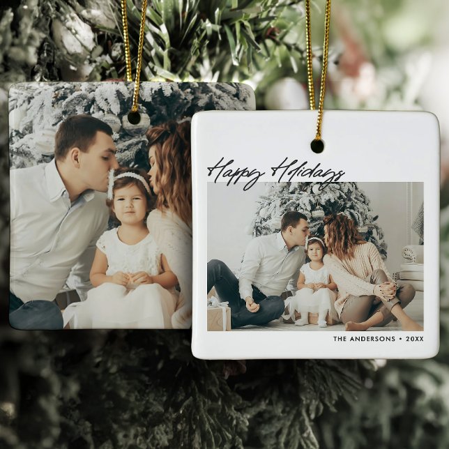 Modern Happy Holidays Custom Message 2-Photo Ceramic Ornament (Creator Uploaded)