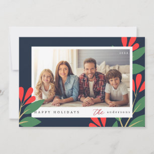 Modern Happy Holidays Floral Custom Family Photo Holiday Card