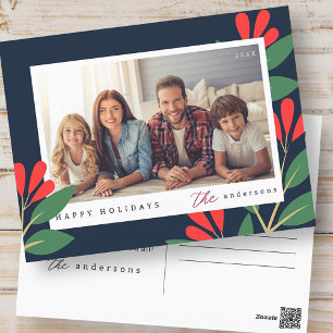 Modern Happy Holidays Floral Custom Family Photo Holiday Postcard