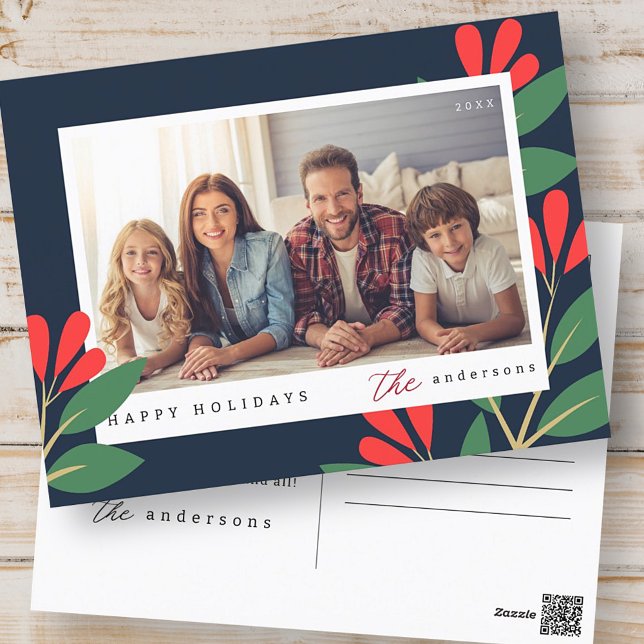 Modern Happy Holidays Floral Custom Family Photo Holiday Postcard (Creator Uploaded)
