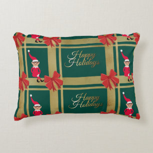 Modern Happy Holidays Gold Green Tartan Decorative Cushion