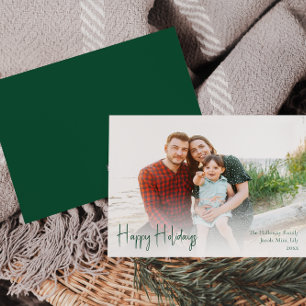 Modern Happy Holidays   Green Full Photo Holiday Card