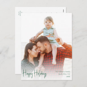 Modern Happy Holidays Green Script Full Photo Holiday Postcard