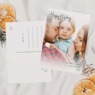 Modern Happy Holidays Green Script Vertical Photo Holiday Postcard