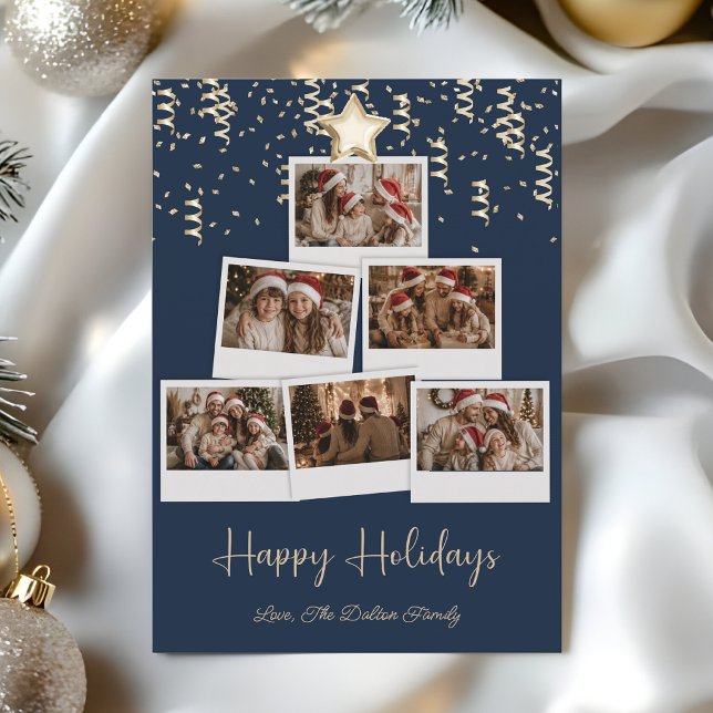 Modern Happy Holidays Multi Photo Tree Holiday Card (Creator Uploaded)