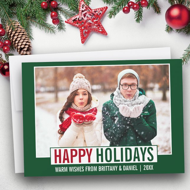 Modern Happy Holidays Photo Green Holiday Card (Customize to add text to back of card.)