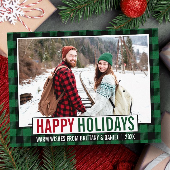 Modern Happy Holidays Photo Green Plaid Postcard (Customize to change your personalized text size or text style.)