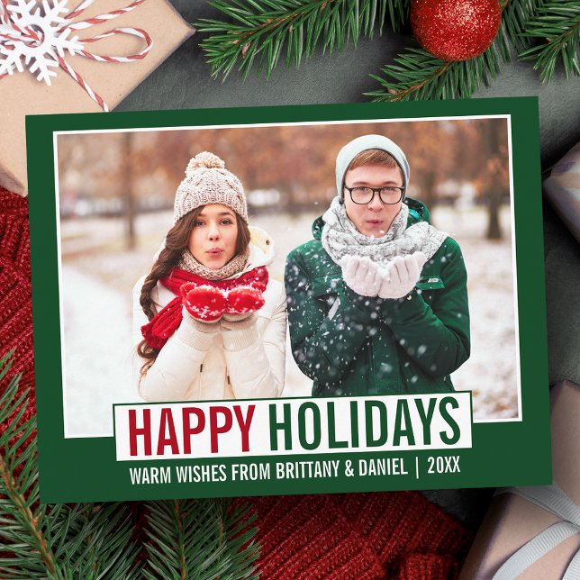 Modern Happy Holidays Photo Green Postcard (Customize to change your personalized text size or text style.)