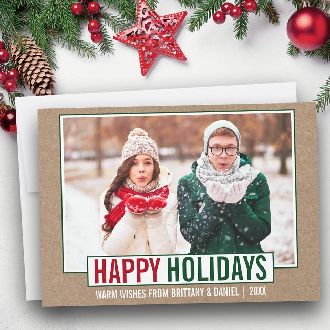 Modern Happy Holidays Photo Kraft Holiday Card (Customize to add text to back of card.)