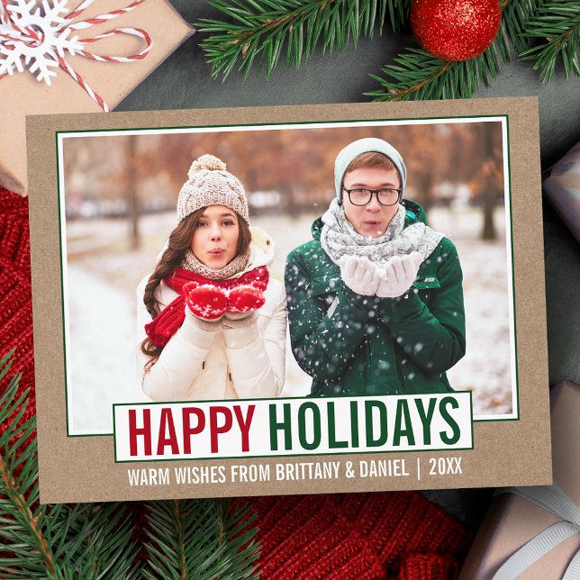 Modern Happy Holidays Photo Kraft Postcard (Customize to change your personalized text size or text style.)