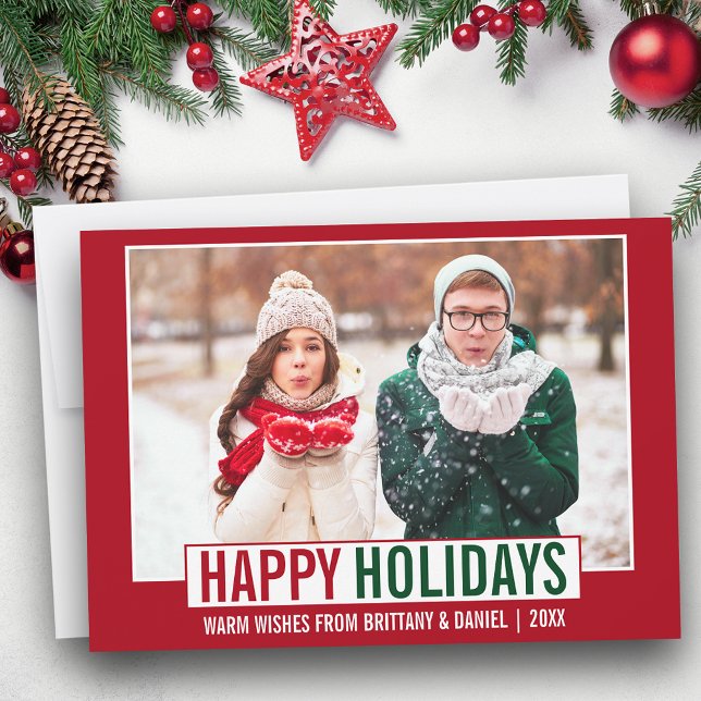 Modern Happy Holidays Photo Red Holiday Card (Customize to add text to back of card.)