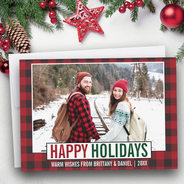 Modern Happy Holidays Photo Red Plaid Holiday Card (Customize to add text to back of card.)
