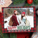 Modern Happy Holidays Photo Red Plaid Postcard<br><div class="desc">Modern Happy Holidays Photo Green and Red Holiday Postcard - Rustic Red Plaid</div>