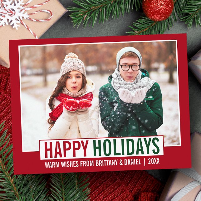 Modern Happy Holidays Photo Red Postcard (Customize to change your personalized text size or text style.)