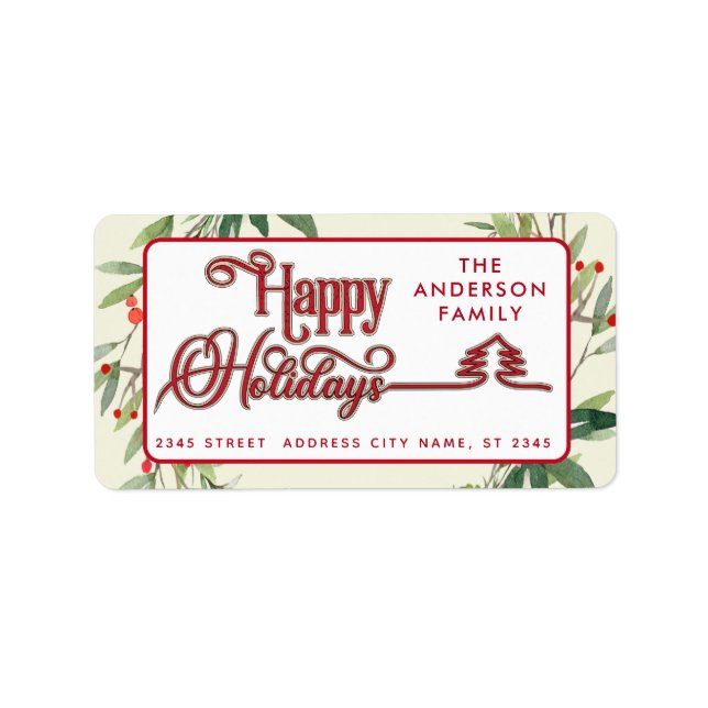 Modern Happy Holidays red botanical holly Label (Front)