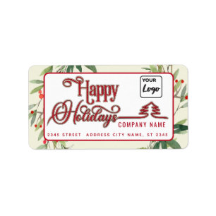 Modern Happy Holidays red botanical holly logo Label