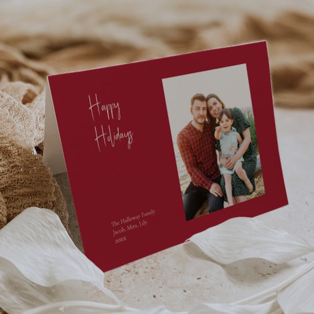 Modern Happy Holidays | Red Folded Single Photo Holiday Card (Creator Uploaded)