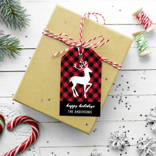 Modern Happy Holidays Reindeer Red Buffalo Plaid Gift Tags