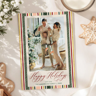 Modern Happy Holidays Retro Stripes 1 Photo Holiday Card