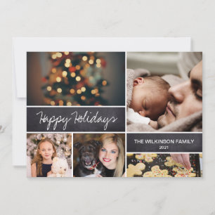 Modern Happy Holidays Script Family Photo Collage Holiday Card