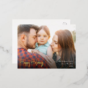Modern Happy Holidays Script Full Photo Gold Foil Holiday Postcard