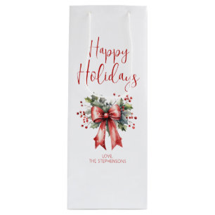 Modern Happy Holidays Script Holly Bow Name Wine Gift Bag