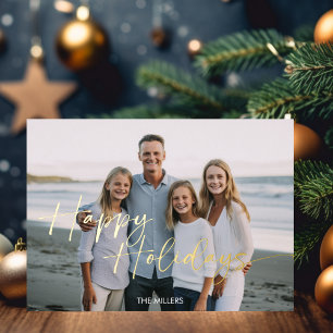Modern Happy Holidays Script Minimal 1 Photo Foil Holiday Postcard