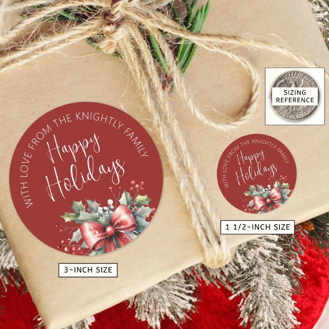 Modern Happy Holidays Script Red Bow From Name Classic Round Sticker (Creator Uploaded)