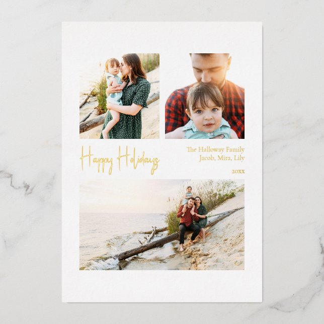 Modern Happy Holidays Script Three-Photo Gold (Front)