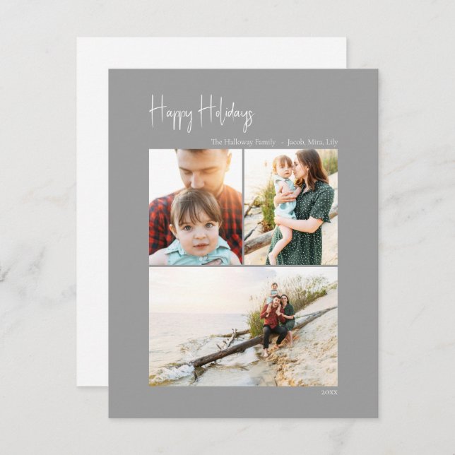 Modern Happy Holidays | Silver Vertical 3 Photo Holiday Card (Front/Back)