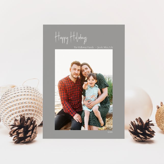 Modern Happy Holidays Silver Vertical Single Photo Holiday Card (Creator Uploaded)